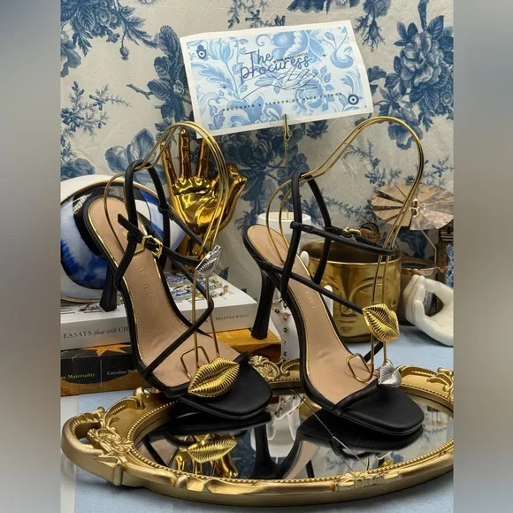 🆕 GIANNI BINI 🧿 NWOB Carletta Lip Ornamented Sandals, Black Leather, Sz 8 - Picture 4 of 14